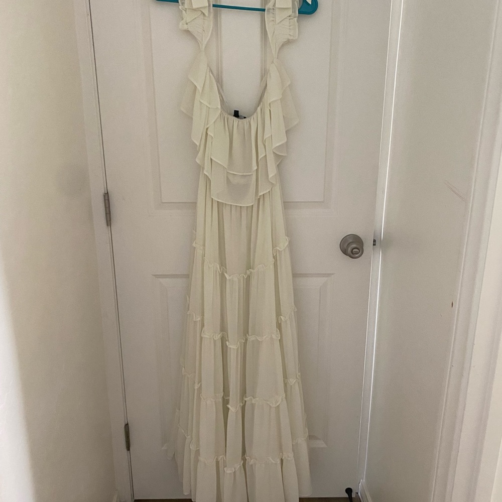 Lulu's Elegant Cream Ruffle Maxi Dress